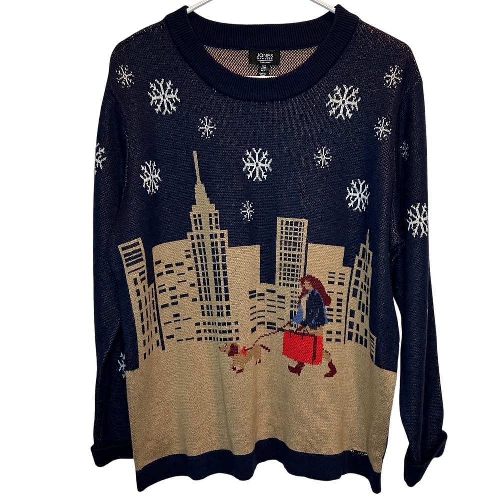 NEW Jones New York Signature Navy Snowflake Cityscape‎ Knit Sweater Women's Med